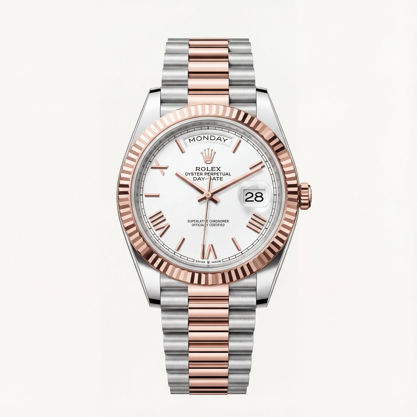 Rose Gold Fluted Bezel Day-Date Steel Watch