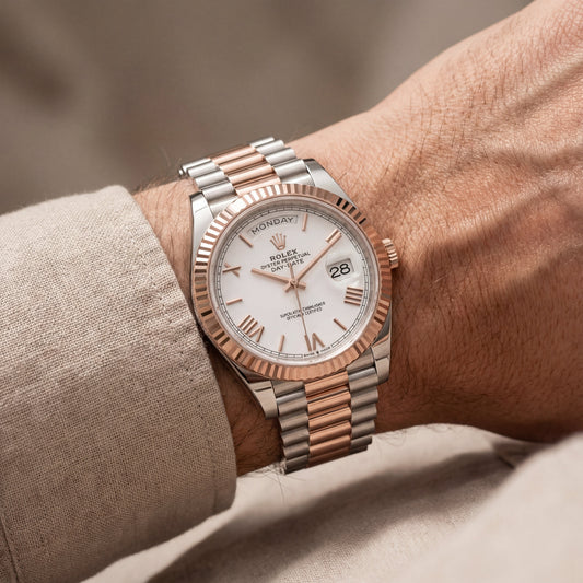 Rose Gold Fluted Bezel Day-Date Steel Watch