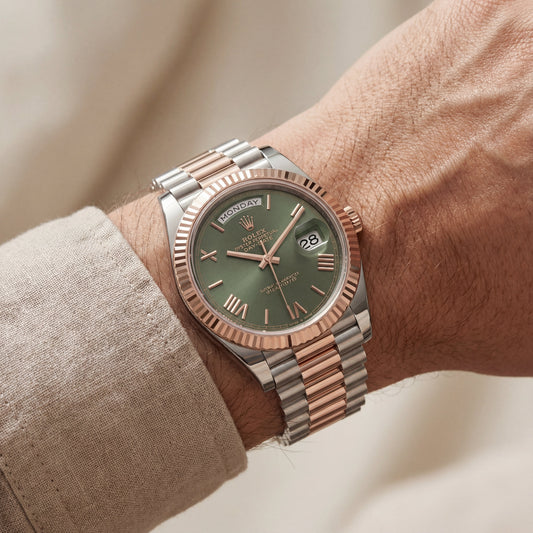 Olive Green Fluted Bezel Day-Date Steel Watch