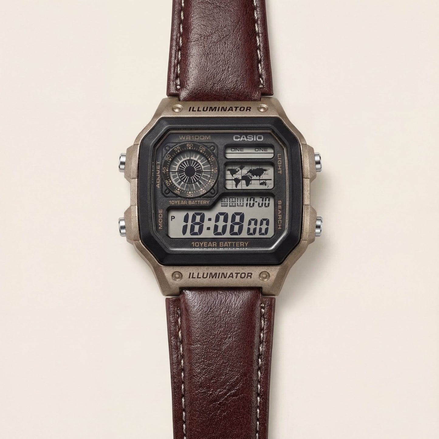 Bronze World Time Digital Leather Watch