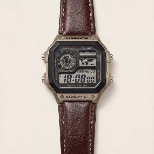 Bronze World Time Digital Leather Watch