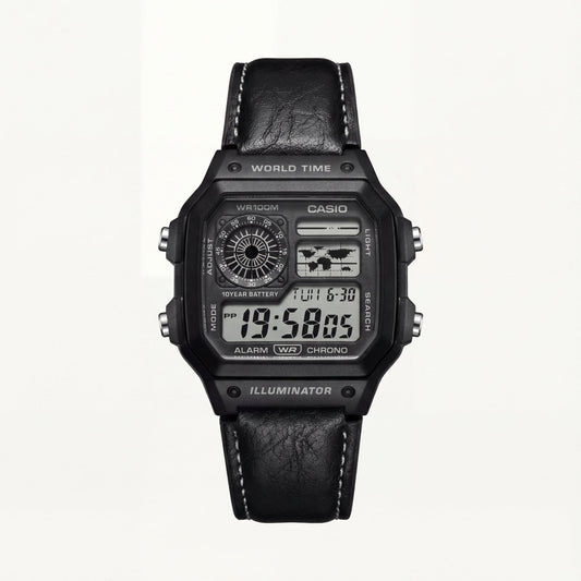 Stealth World Time Digital Leather Watch