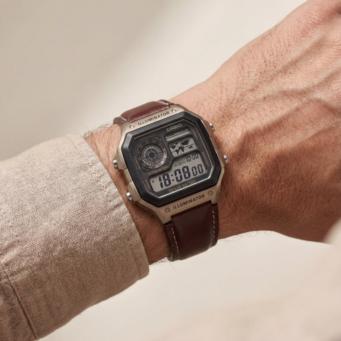 Bronze World Time Digital Leather Watch