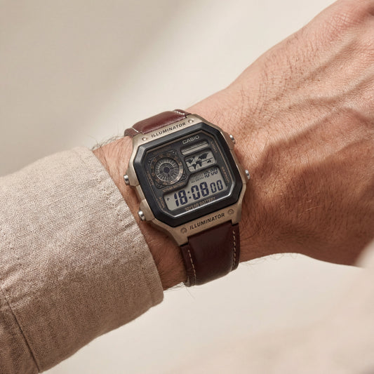 Bronze World Time Digital Leather Watch