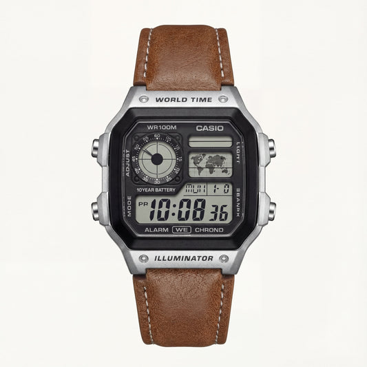 Vintage World Time Digital Leather Watch