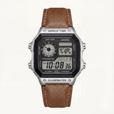 Vintage World Time Digital Leather Watch