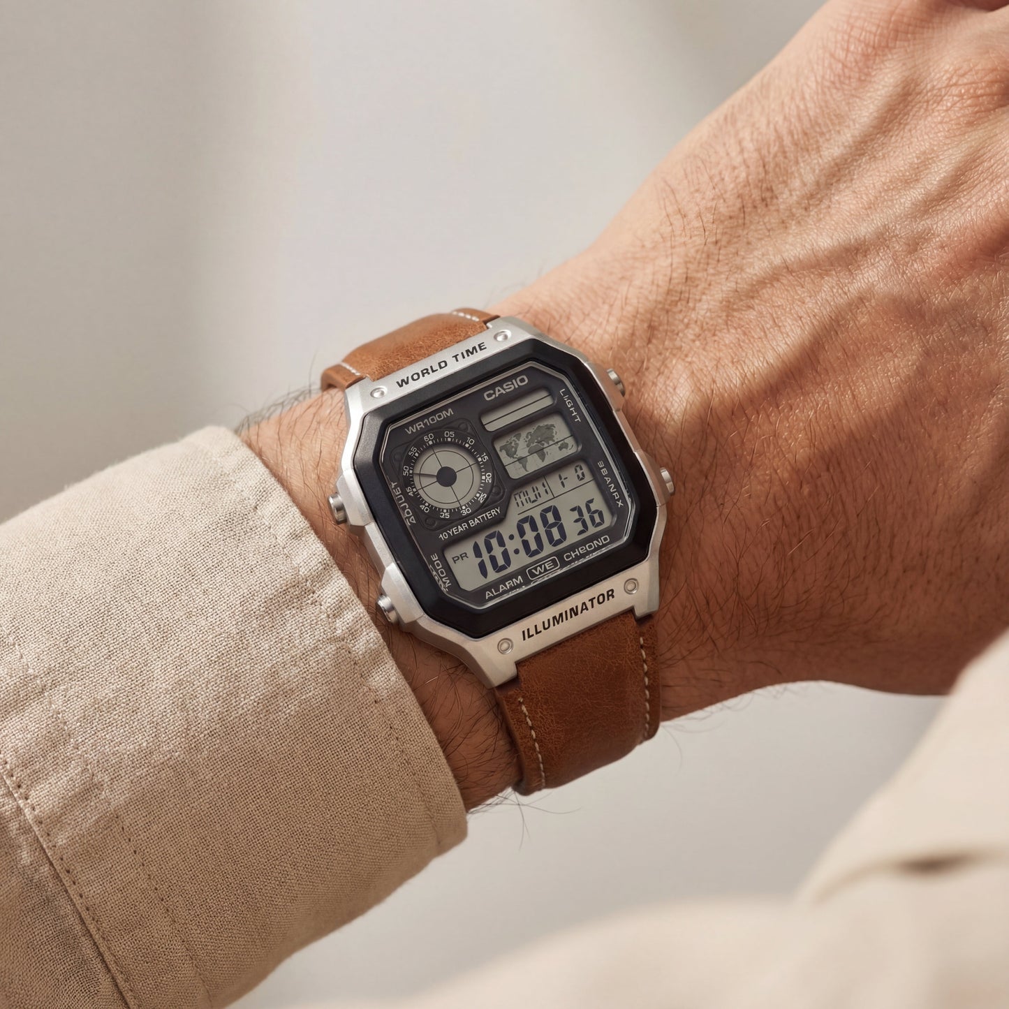 Vintage World Time Digital Leather Watch