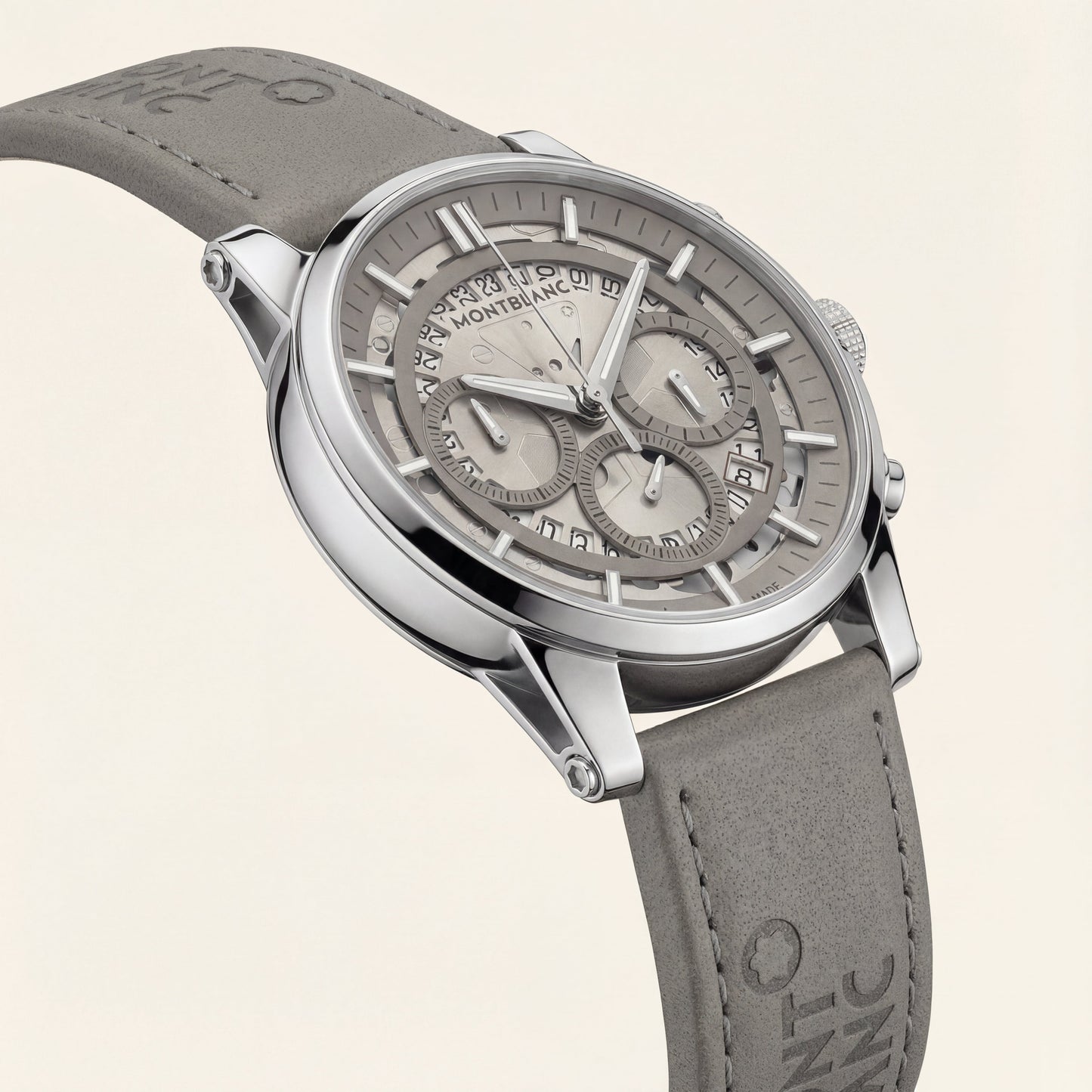 Skeleton Chronograph Silver Dial Leather Strap Men’s Watch