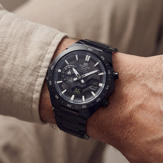 All-Black Solar Chronograph Stainless Steel Sports Watch