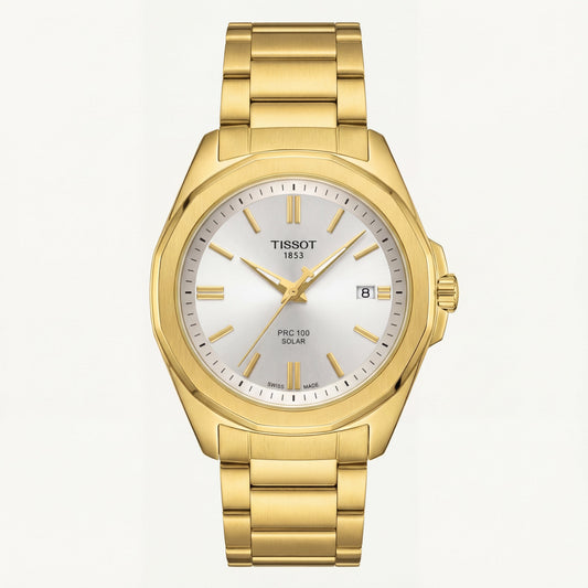 Golden Silver Dial Solar Quartz Stainless Steel Dress Watch