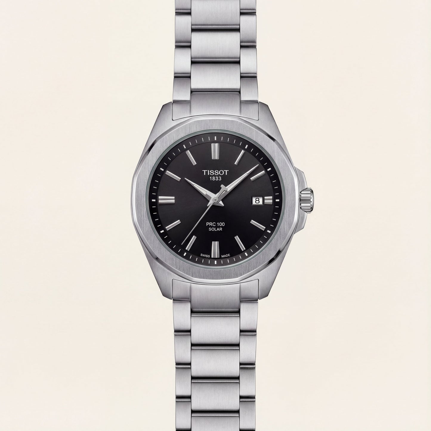 Classic Black Dial Solar Quartz Stainless Steel Watch