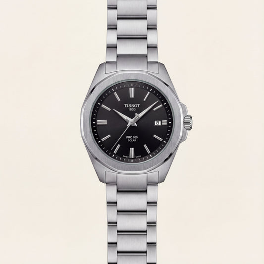 Classic Black Dial Solar Quartz Stainless Steel Watch