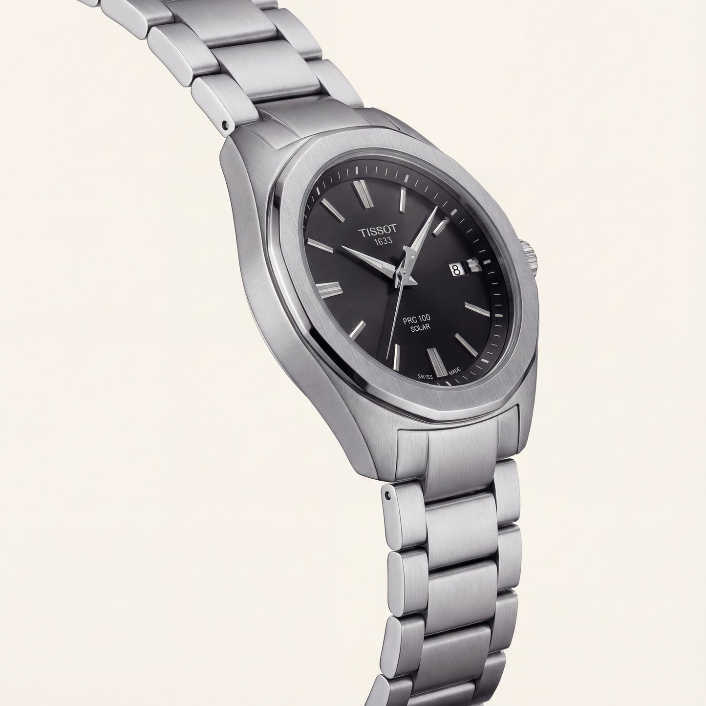 Classic Black Dial Solar Quartz Stainless Steel Watch