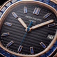 Rose Gold Stainless Steel Watch with Blue Gem Bezel & Black Dial