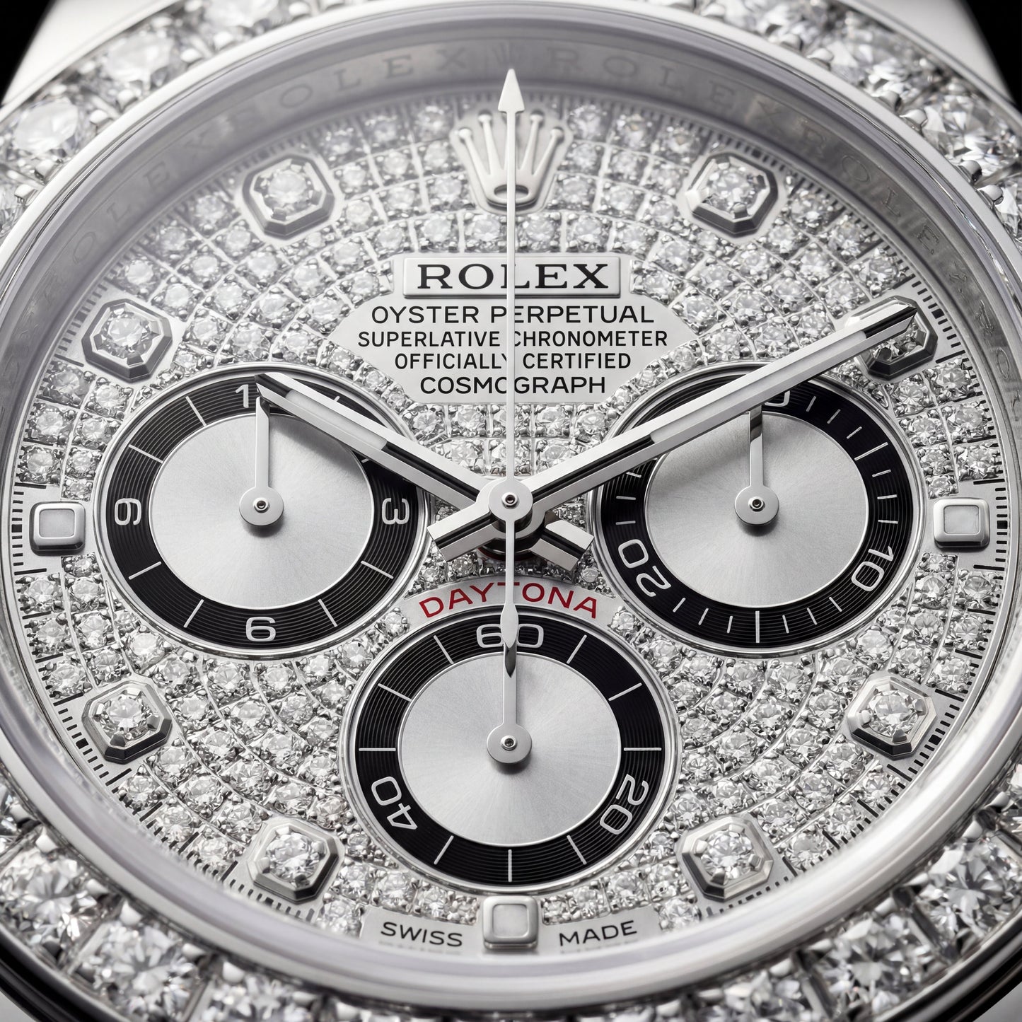 Silver Diamond Bezel Chronograph Watch with Black Rubber Strap