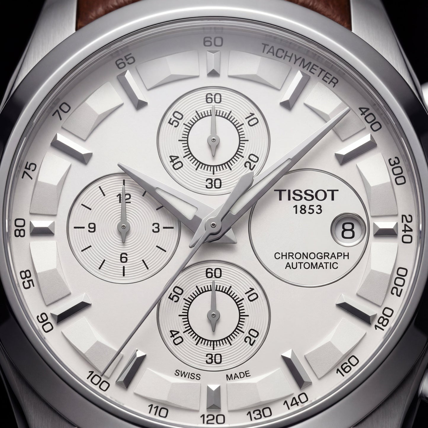Classic Silver Chronograph Watch with White Dial & Brown Leather Strap