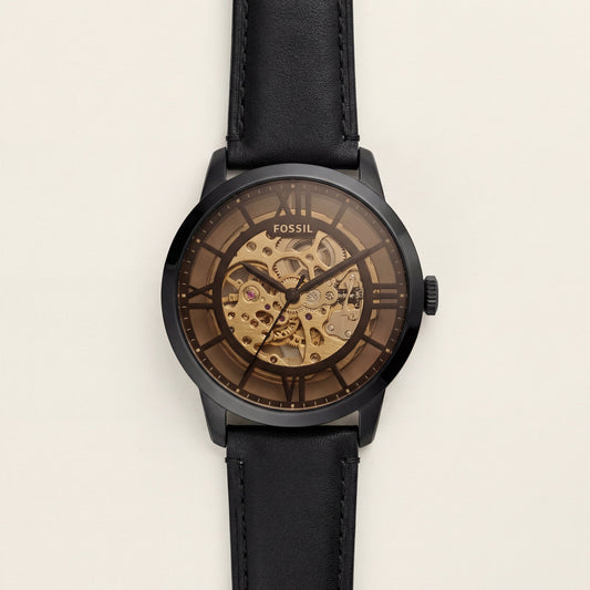 Black Skeleton Automatic Men’s Watch with Black Leather Strap