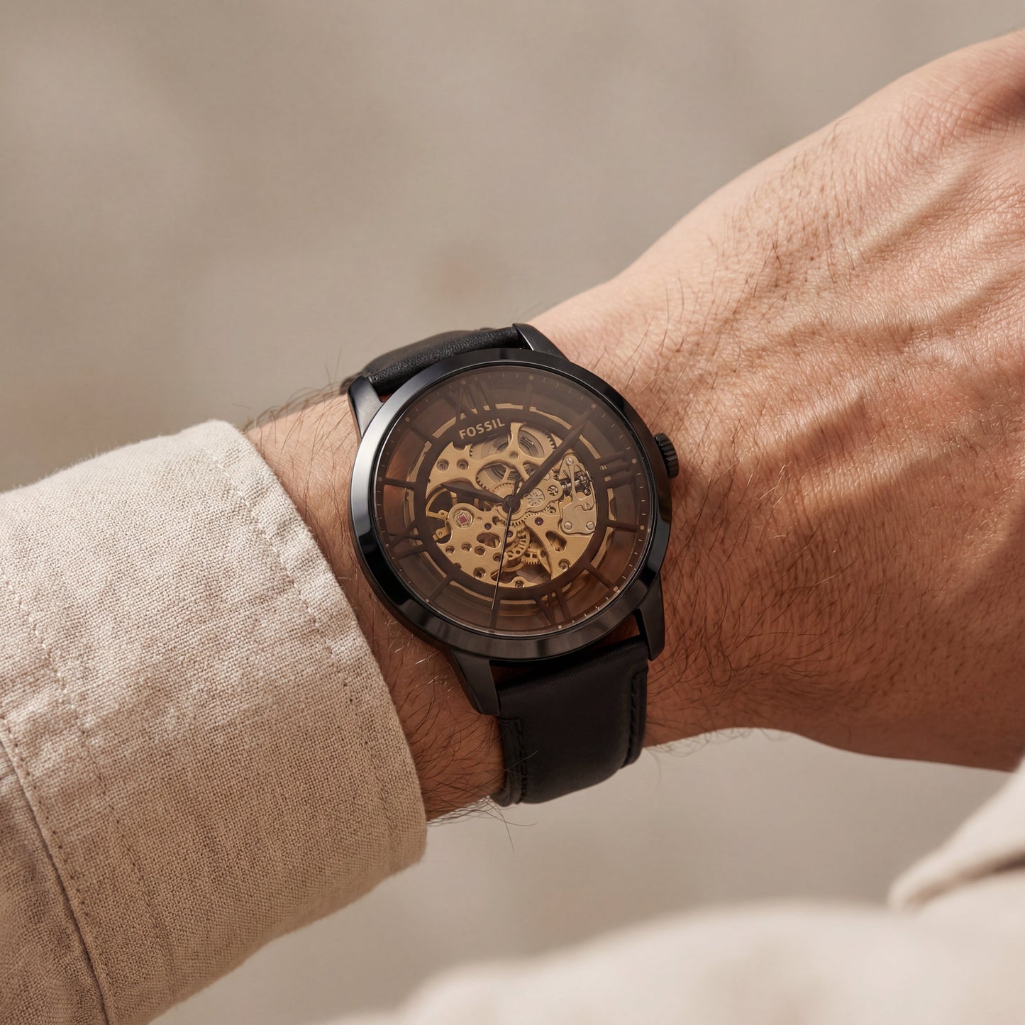 Black Skeleton Automatic Men’s Watch with Black Leather Strap