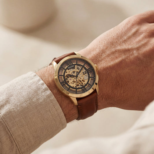 Gold Skeleton Automatic Men’s Watch with Brown Leather Strap