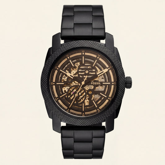 All-Black Skeleton Automatic Men’s Watch with Gold Mechanism