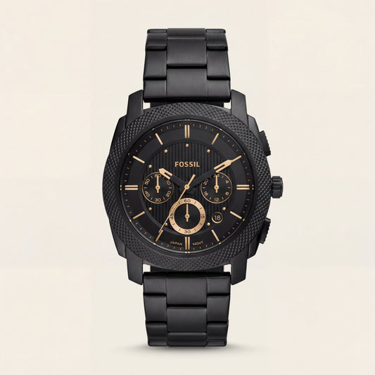 All-Black Chronograph Men’s Watch with Gold Accents