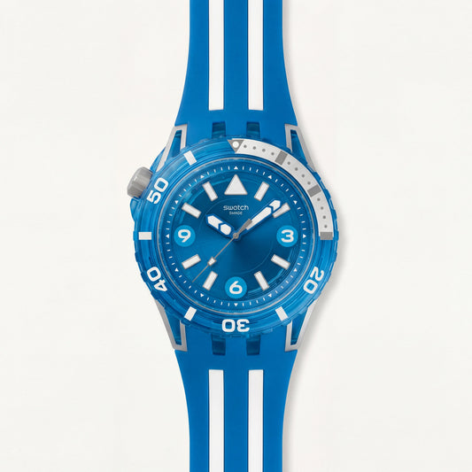 Ocean Blue Transparent Dive-Style Men’s Watch with Dual-Line Sport Strap