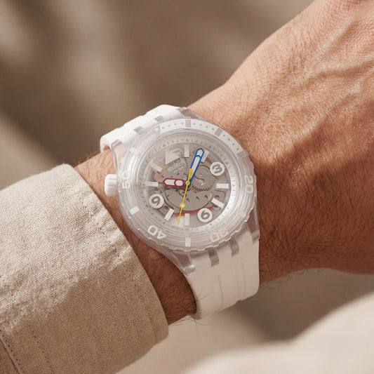 White Transparent Skeleton Dive-Style Men’s Watch with Multicolor Hands