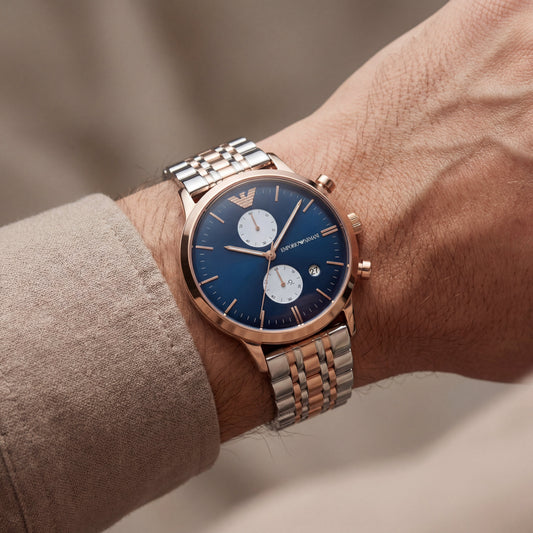 Two-Tone Rose Gold Chronograph Luxury Women’s Watch with Deep Blue Dial