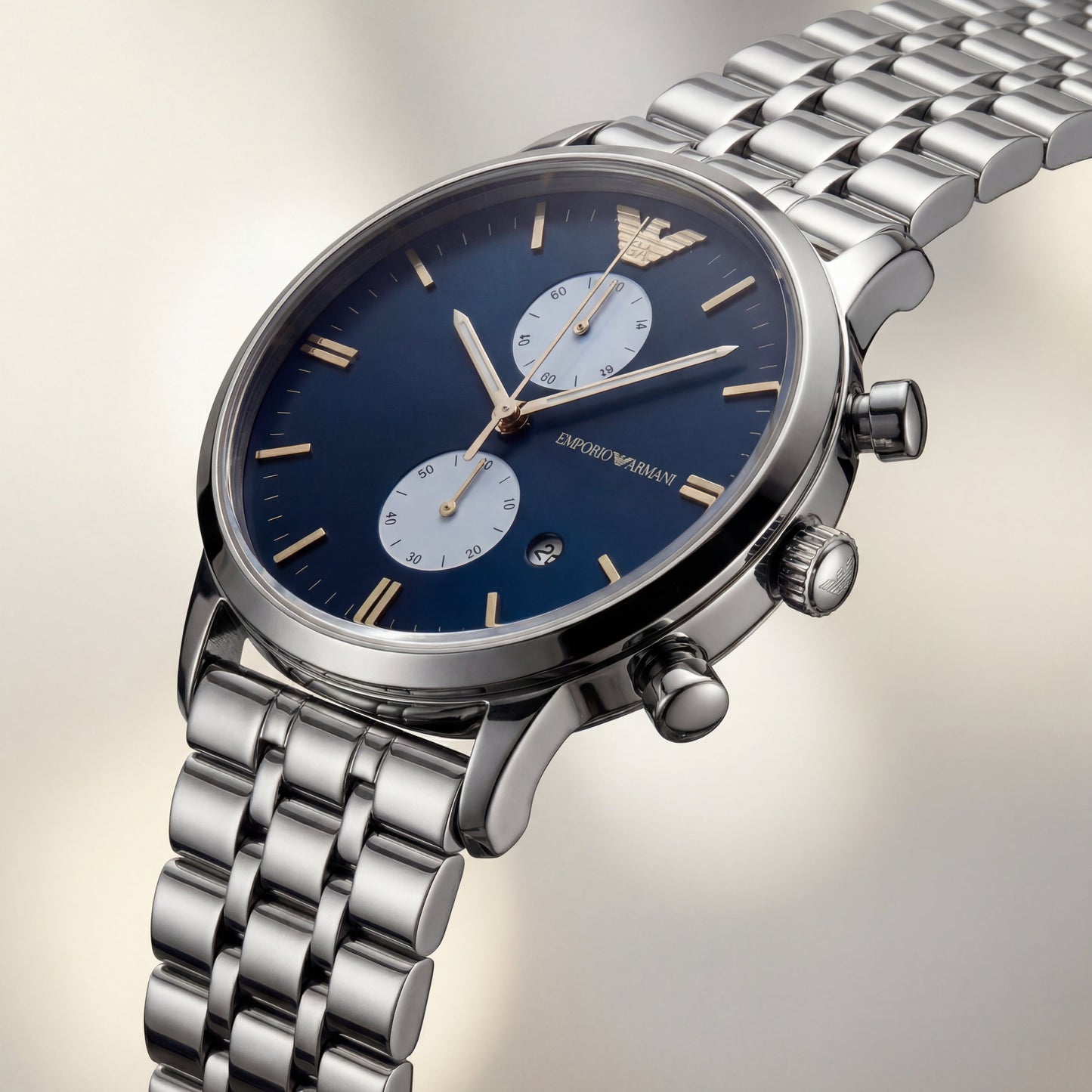 Silver Stainless Steel Chronograph Luxury Women’s Watch with Deep Blue Dial