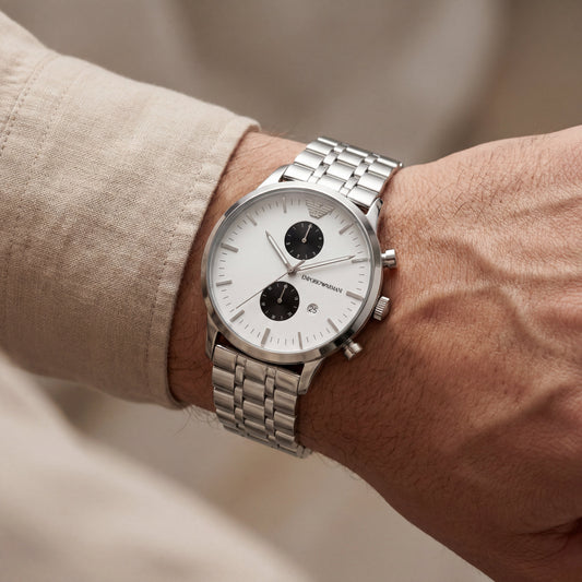 Silver Stainless Steel Chronograph Men’s Watch with White Dial
