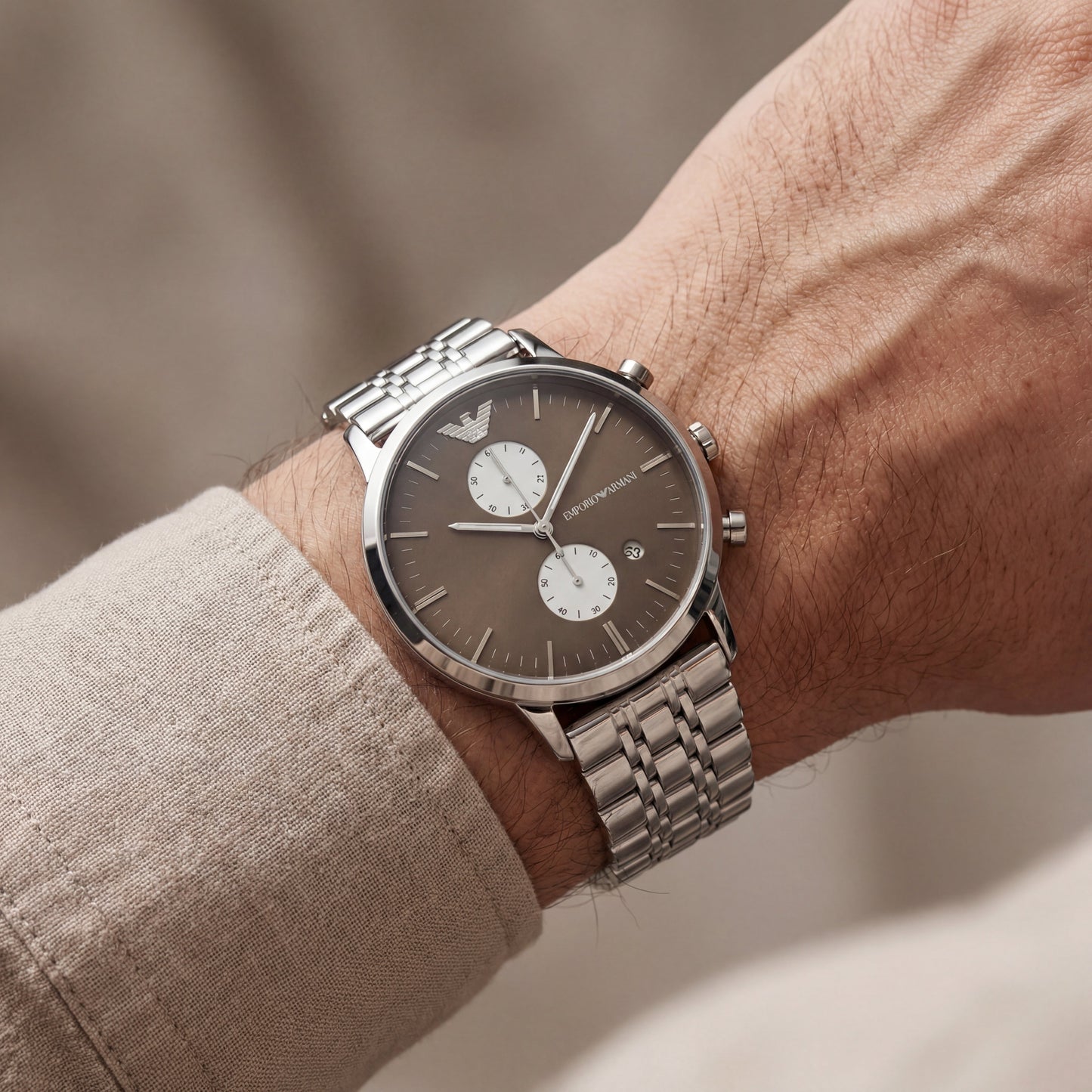 Silver Stainless Steel Chronograph Men’s Watch with Mocha Brown Dial