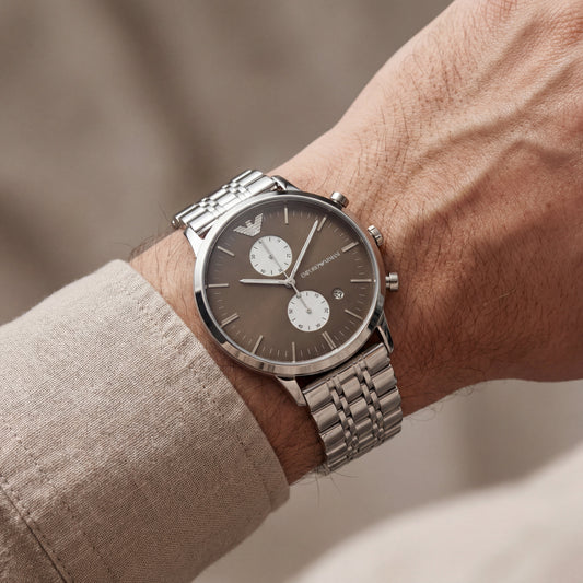 Silver Stainless Steel Chronograph Men’s Watch with Mocha Brown Dial
