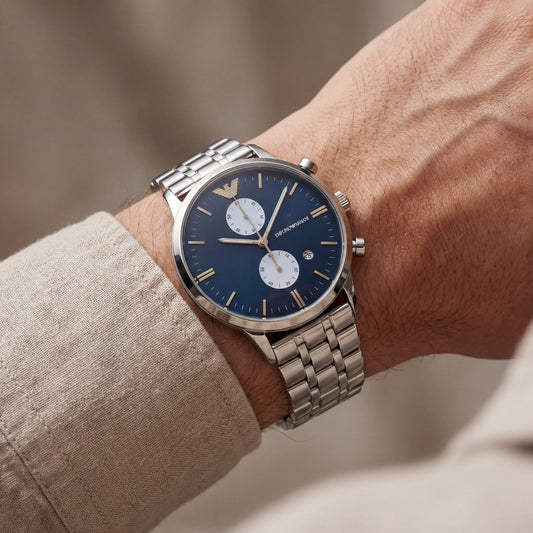 Silver Stainless Steel Chronograph Luxury Women’s Watch with Deep Blue Dial