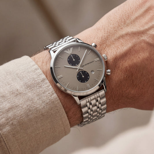 Champagne Grey Chronograph Men’s Watch with Full Silver Stainless Steel Bracelet