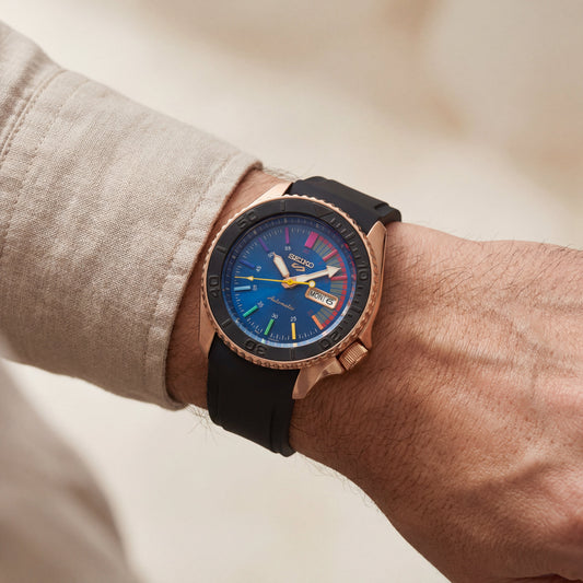Rose Gold Automatic Dive Men’s Watch with Blue Multicolor Dial & Black Sport Strap