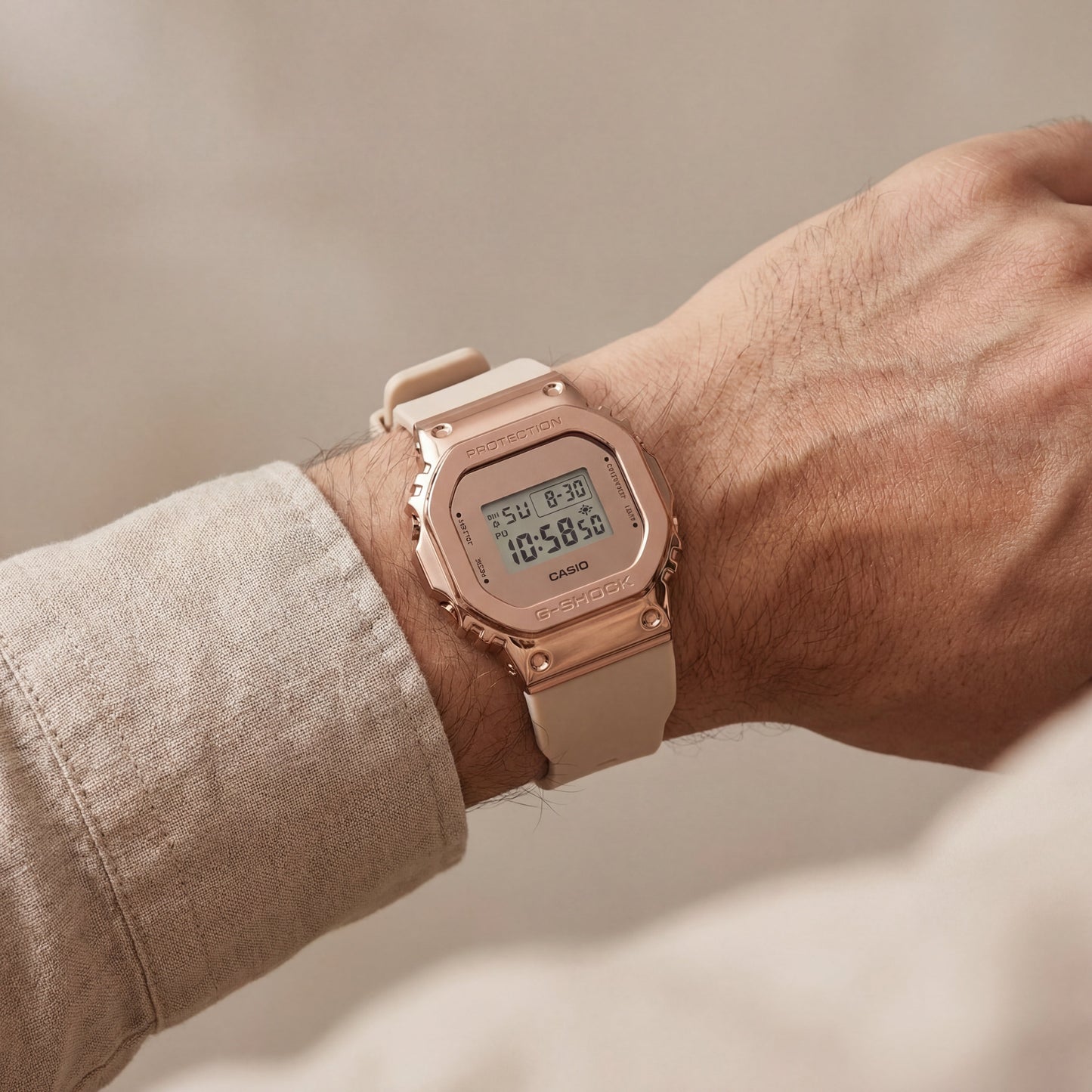 Rose Gold Digital Luxury Watch with Beige Resin Strap