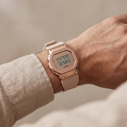 Rose Gold Digital Luxury Watch with Beige Resin Strap