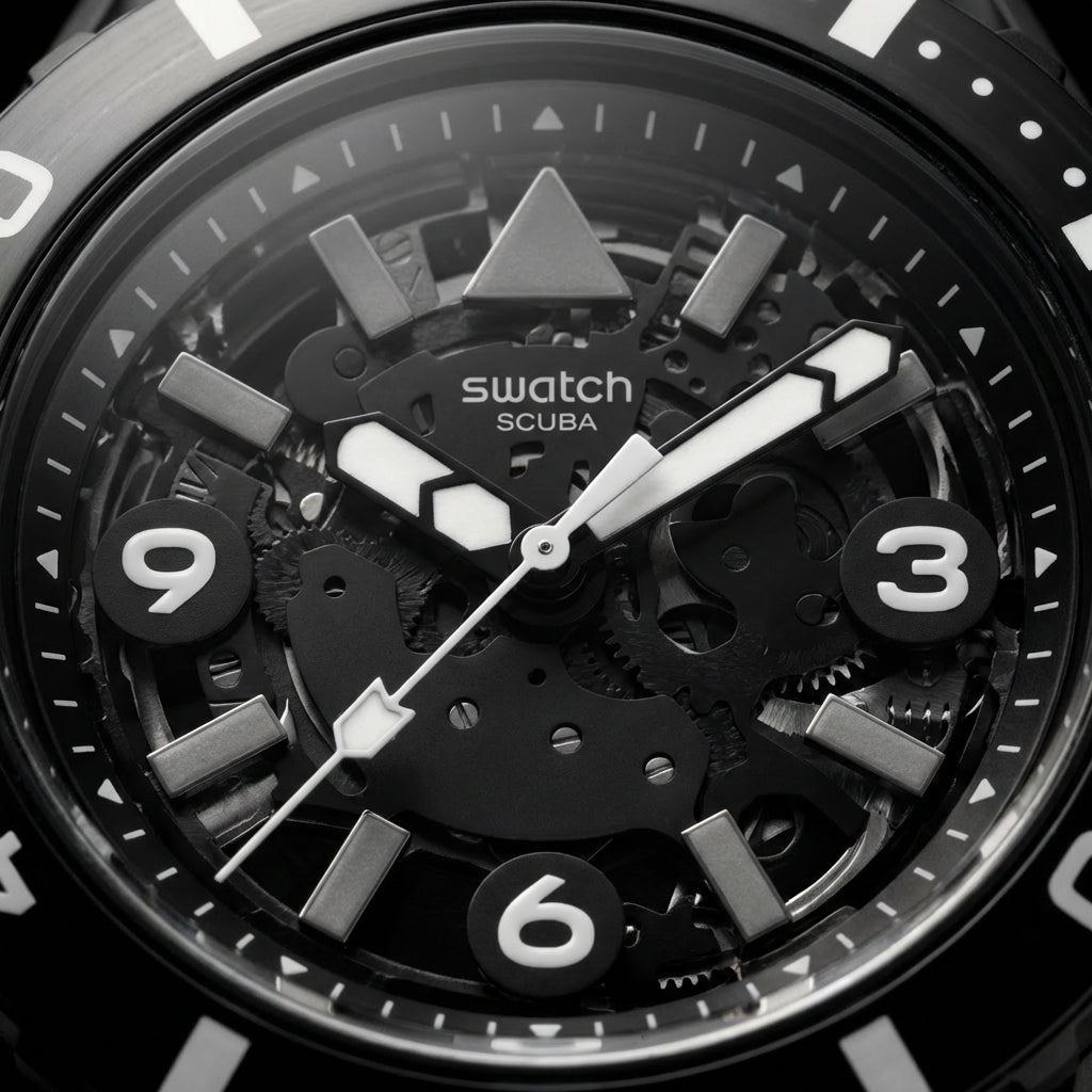 All-Black Skeleton Dive-Style Men’s Watch with Silicone Strap