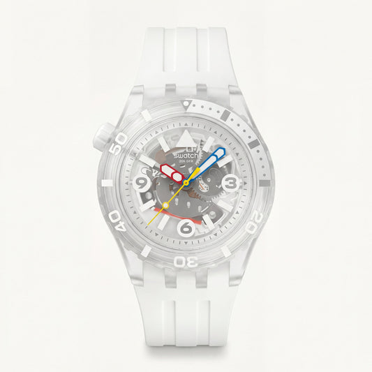 White Transparent Skeleton Dive-Style Men’s Watch with Multicolor Hands