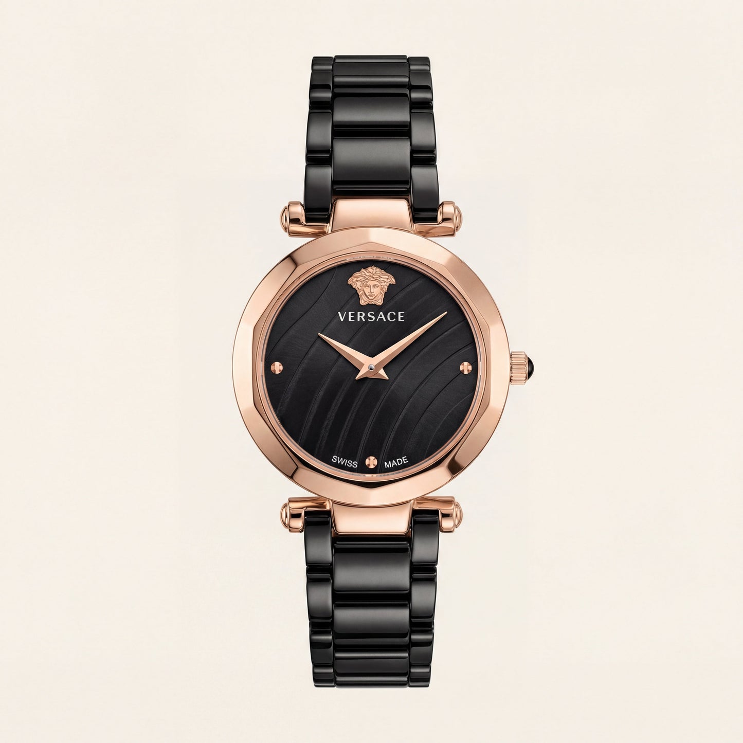 Rose Gold Case Black Textured Dial Luxury Medusa Bracelet Watch – Women