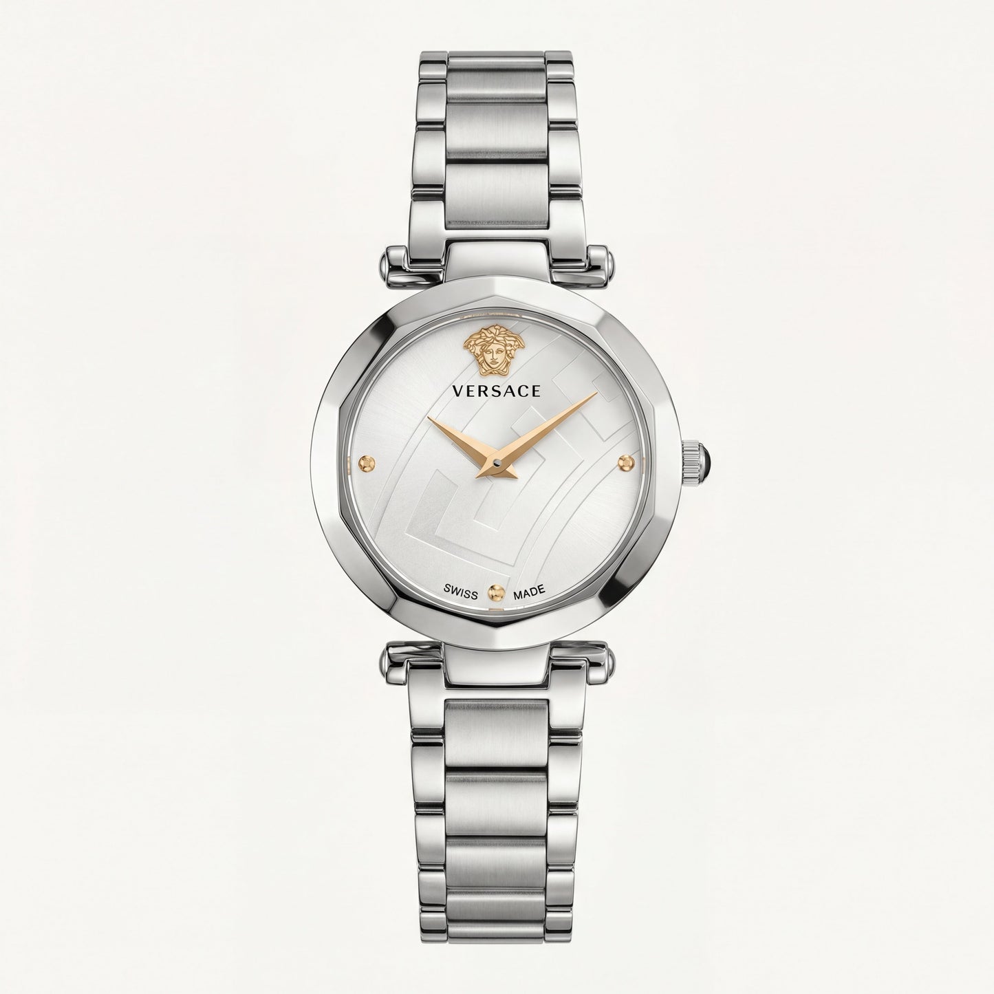 Silver Stainless Steel Case White Textured Dial Luxury Medusa Bracelet Watch – Women