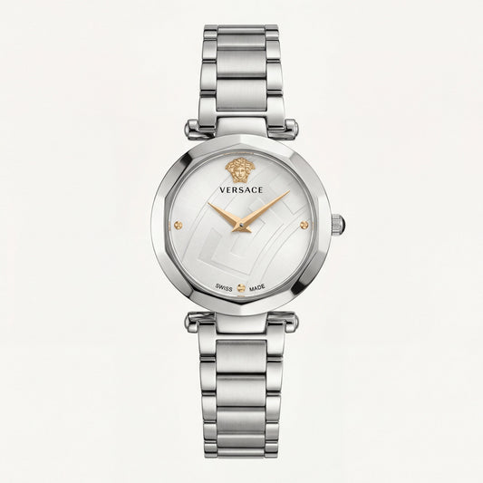 Silver Stainless Steel Case White Textured Dial Luxury Medusa Bracelet Watch – Women
