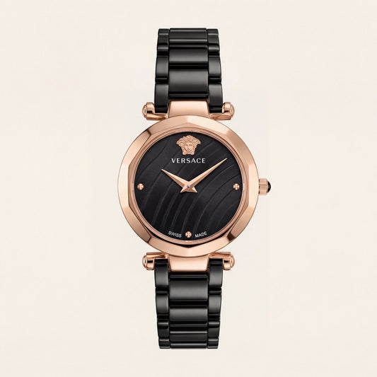 Rose Gold Case Black Textured Dial Luxury Medusa Bracelet Watch – Women