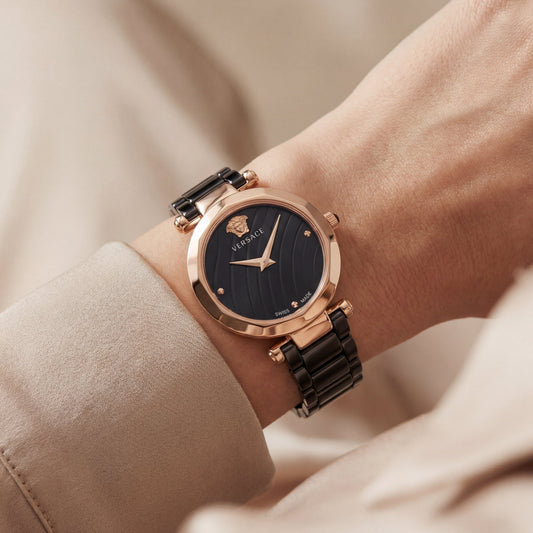 Rose Gold Case Black Textured Dial Luxury Medusa Bracelet Watch – Women