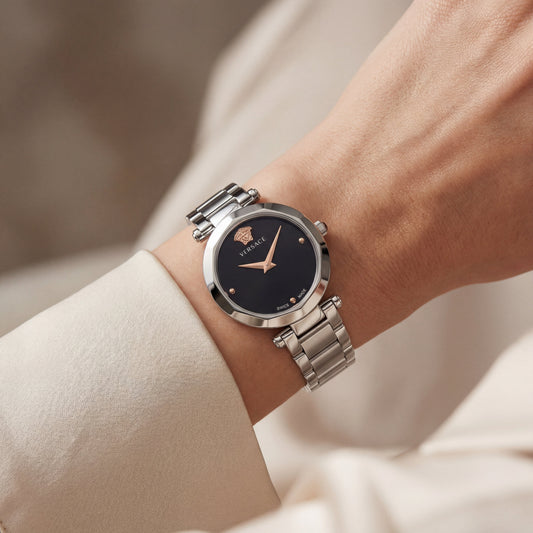 Silver Stainless Steel Case Black Dial Medusa Luxury Bracelet Watch – Women