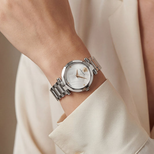 Silver Stainless Steel Case White Textured Dial Luxury Medusa Bracelet Watch – Women