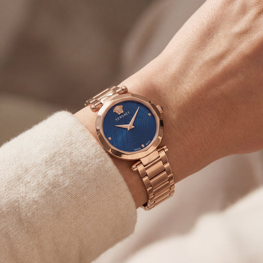 Rose Gold Stainless Steel Case Royal Blue Dial Luxury Medusa Bracelet Watch – Women