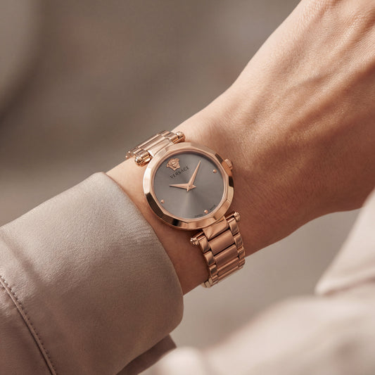 Rose Gold Stainless Steel Case Satin Silver Dial Luxury Medusa Bracelet Watch – Women