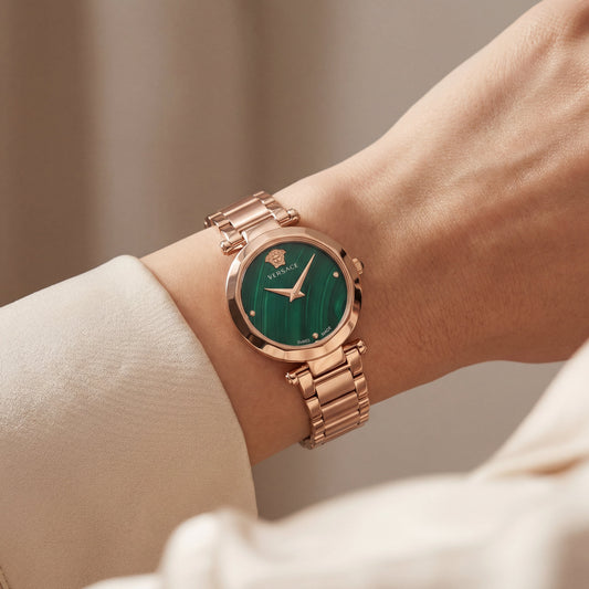 Rose Gold Stainless Steel Case Emerald Green Dial Luxury Medusa Bracelet Watch – Women