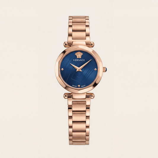 Rose Gold Stainless Steel Case Royal Blue Dial Luxury Medusa Bracelet Watch – Women